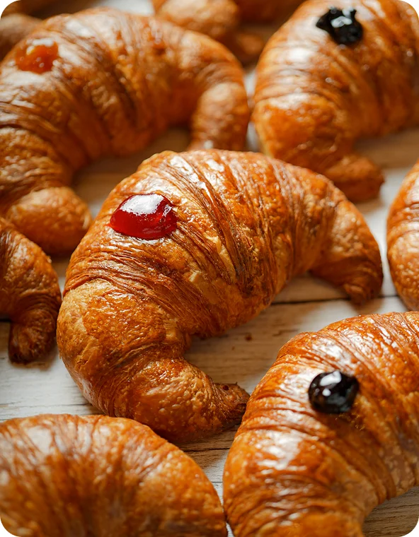 Close-up of several golden-brown croissants on a wooden surface, with one topped with red jam and another with dark jam.