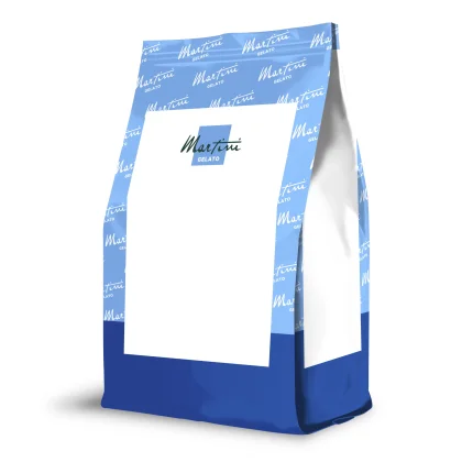 Mockup de bolsa doypack azul y blanca con logo 'Martini Gelato' en etiqueta en blanco, plantilla de packaging