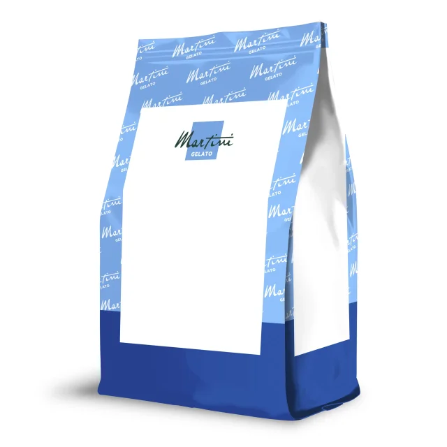 Mockup de bolsa doypack azul y blanca con logo 'Martini Gelato' en etiqueta en blanco, plantilla de packaging