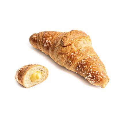 croissant con azúcar por encima y un trozo cortado que muestra relleno cremoso de crema pastelera de vainilla, fondo ...