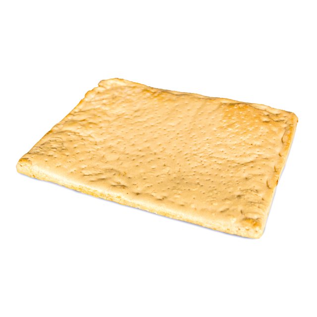 Galleta rectangular tipo flatbread dorada con superficie texturizada y punteada, fondo blanco.