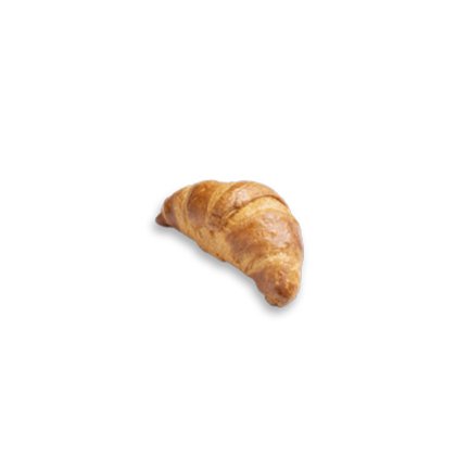 Croissant dorado de forma curva y textura hojaldrada sobre fondo blanco.