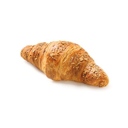Croissant multicereal dorado, cubierto con semillas y avena, sobre fondo blanco.