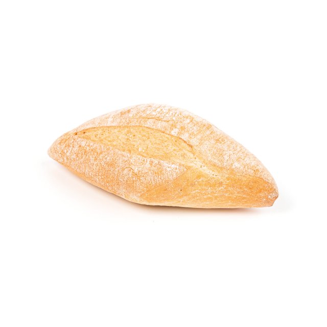 Pan artesanal dorado y crujiente, forma afilada, espolvoreado con harina, con corte oscuro arriba, fondo blanco