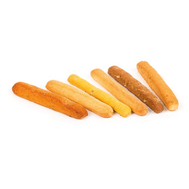 Seis palitos de pan de distintos sabores y colores colocados en diagonal sobre fondo blanco