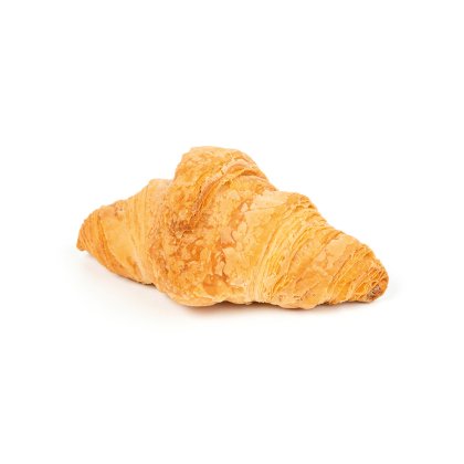 Croissant dorado y crujiente sobre fondo blanco liso.