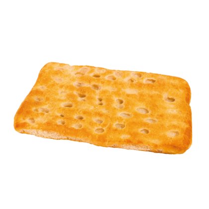 Rebanada rectangular de focaccia con corteza dorada y superficie con hoyuelos, sobre fondo blanco.