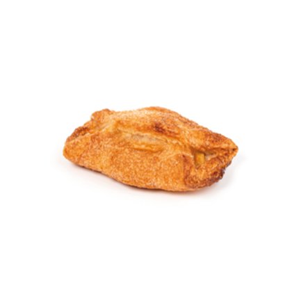 Empanada horneada dorada y crujiente, con relleno salado o de fruta, fondo blanco