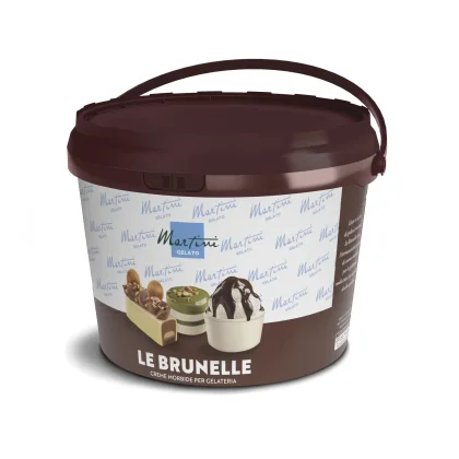 Cubo de plástico marrón etiquetado "Martini Gelato Le Brunelle" con imágenes de gelato de chocolate y pistacho.