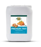 Garrafa plástica blanca de 10 litros de aceite de fritura Premium Frit, etiqueta con snacks y verduras fritas