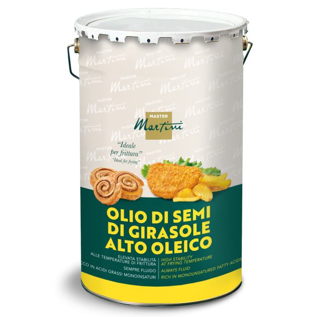 Cubo metálico de aceite de girasol alto oleico Master Martini, indicado para freír, con imágenes de fritos