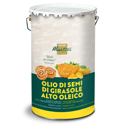 Cubo metálico de aceite de girasol alto oleico Master Martini, indicado para freír, con imágenes de fritos