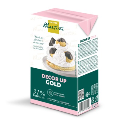 Nata montada azucarada Master Martini Decor Up Gold, envase de 1L, 31% grasa, con imagen de petisú