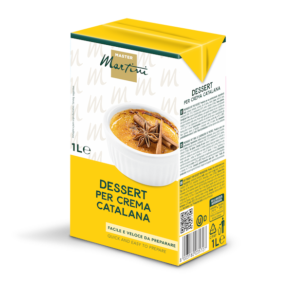 Caja amarilla de 1L Master Martini Crema Catalana, mezcla de crema caramelizada con anís estrellado