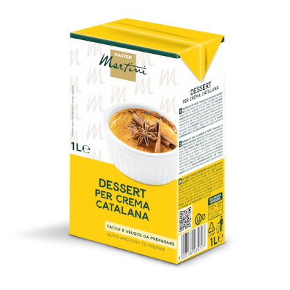 Caja amarilla de 1L Master Martini Crema Catalana, mezcla de crema caramelizada con anís estrellado