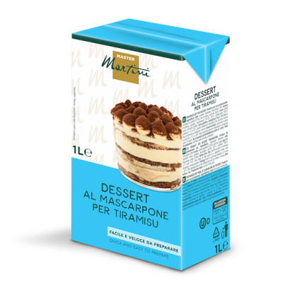 Caja de 1L de Master Martini Dessert al Mascarpone per Tiramisu, con postre tiramisú en capas en el envase