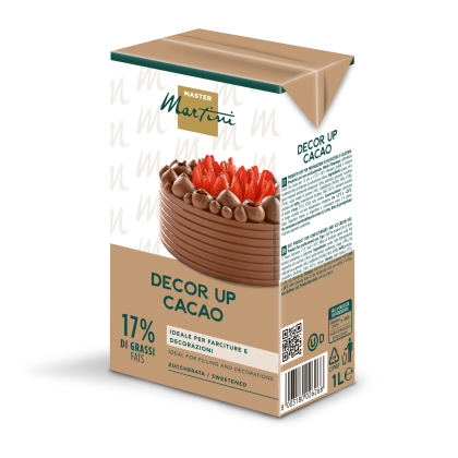 Master Martini Decor Up Cacao 1 litro, producto de chocolate azucarado con 17% de grasa para decorar y rellenar tartas