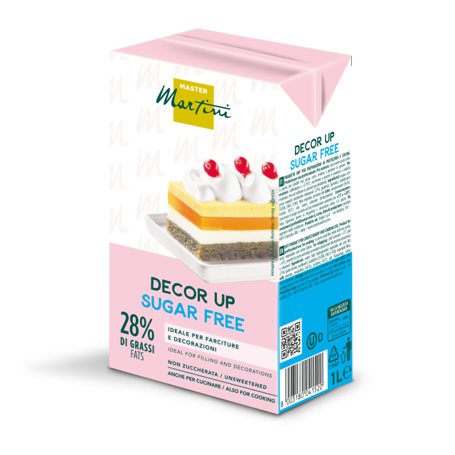 Nata Master Martini Decor Up Sin Azúcar de 1 litro, 28% grasa, envase rosa con imagen de tarta en capas.