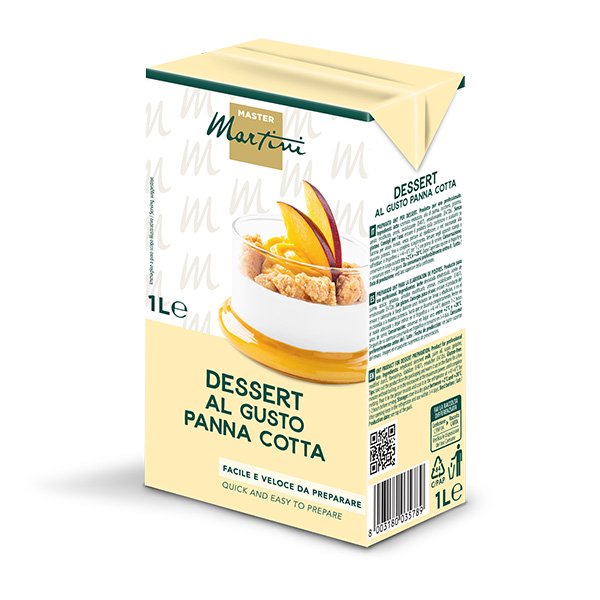 Mezcla para postre sabor panna cotta Master Martini, envase de 1L amarillo pálido con foto de melocotón