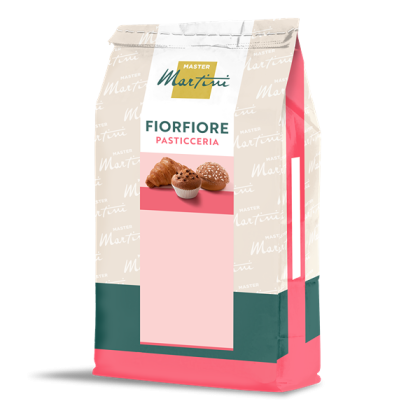 Bolsa de mezcla para repostería Master Martini Fiorfiore Pasticceria, envase rosa y verde azulado con croissant y muf...