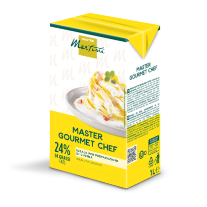 Envase amarillo de 1L de nata para cocinar Master Martini Gourmet Chef, 24% grasa, con imagen de pasta en la etiqueta.