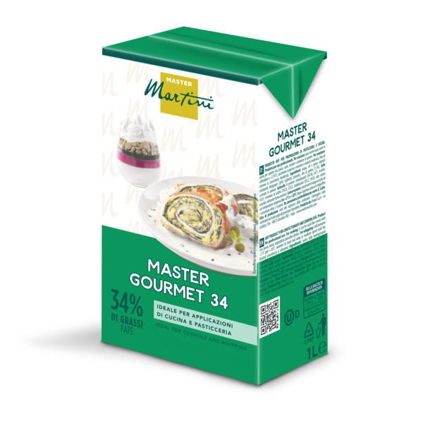 Envase verde de 1L de nata de cocina Master Martini Gourmet 34%, con rollo de carne relleno y postre en la etiqueta