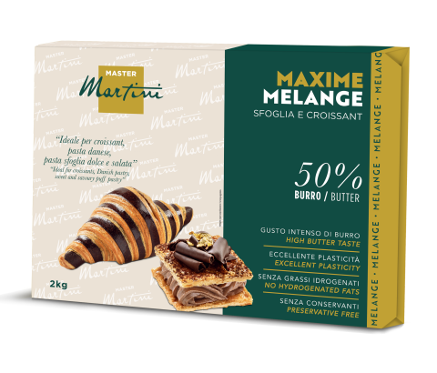 Caja Master Martini Maxime Melange 2kg, mezcla de hojaldre con 50% mantequilla, con imágenes de croissants y bollería.