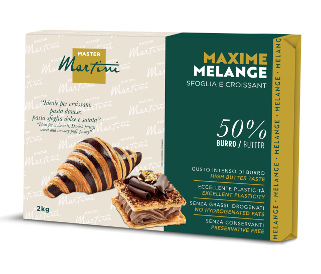 Caja Master Martini Maxime Melange 2kg, mezcla de hojaldre con 50% mantequilla, con imágenes de croissants y bollería.
