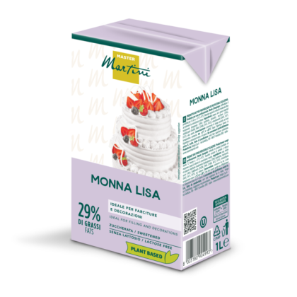 Envase de 1L de nata vegetal para montar Master Martini Monna Lisa, 29% de grasa, sin lactosa, con imagen de tarta de...