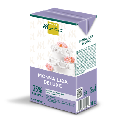Envase morado de 1L de nata para montar Master Martini Monna Lisa Deluxe, 25% de grasa, con imagen de tarta en capas.